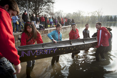 students with canoe