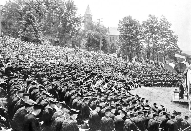 Schurman addressed the graduating class in the open-air theater on the slope below McGraw Hall on June 23, 1920. About 1,123 received their degrees.