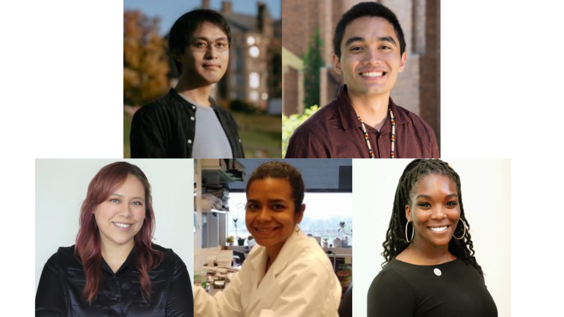 2022 Bouchet Scholars: Xiangkun (Elvis) Cao, Ph.D. '21, Joshua Garcia, Adriana Hernández, Mariela Nunez Santos, and Brianna Tate